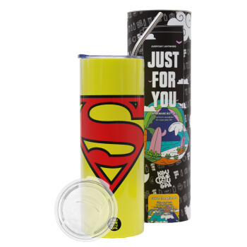 Superman vintage, Neon Yellow Travel Tumbler θερμό, μεταλλικό καλαμάκι(Ανωξείδωτο 304 Food grade, BPA free, 600ml)