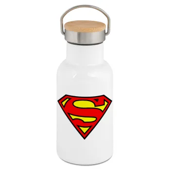 Superman vintage, Metallic thermos (Stainless steel) White with wooden lid (bamboo), double-walled, 350ml