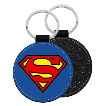 Superman vintage, Μπρελόκ Δερματίνη, στρογγυλό ΜΑΥΡΟ (5cm)