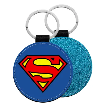 Superman vintage, Μπρελόκ Δερματίνη, στρογγυλό ΜΠΛΕ (5cm)