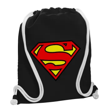 Superman vintage, Backpack pouch GYMBAG Black, with pocket (40x48cm) & thick white cords