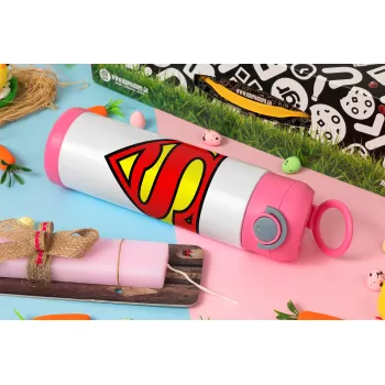 Superman vintage, Πασχαλινή Λαμπάδα με Παιδικό παγούρι θερμό, ανοξείδωτο, με καλαμάκι ασφαλείας, ΡΟΖ (500ml)