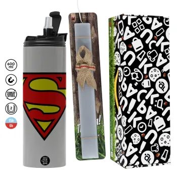 Superman vintage, Easter candle with Grey Tumbler Thermo 600ml & aromatic flat candle (30cm) (GREY)