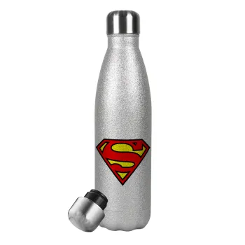 Superman vintage, Μεταλλικό παγούρι θερμός Glitter Aσημένιο (Stainless steel), διπλού τοιχώματος, 500ml