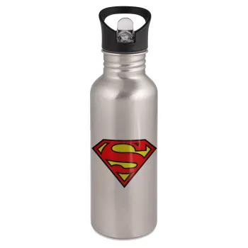 Superman vintage, Water bottle Silver with straw, stainless steel 600ml