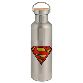 Superman vintage, Μεταλλικό παγούρι θερμός (Stainless steel) Ασημένιο με ξύλινο καπακι (bamboo), διπλού τοιχώματος, 750ml