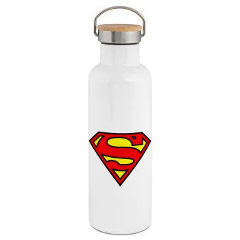 Superman vintage, Stainless steel White with wooden lid (bamboo), double wall, 750ml