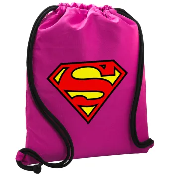 Superman vintage, Τσάντα πλάτης πουγκί GYMBAG Φούξια, με τσέπη (40x48cm) & χονδρά κορδόνια