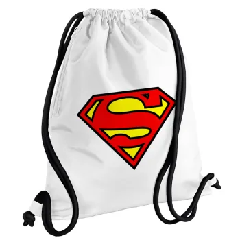 Superman vintage, Τσάντα πλάτης πουγκί GYMBAG λευκή, με τσέπη (40x48cm) & χονδρά κορδόνια