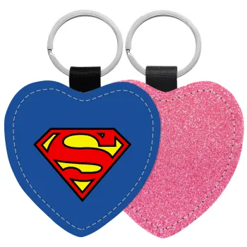 Superman vintage, Μπρελόκ PU δερμάτινο glitter καρδιά ΡΟΖ