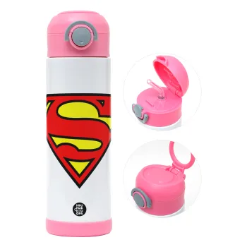 Superman vintage, Παιδικό παγούρι θερμό, ανοξείδωτο, με καλαμάκι ασφαλείας, ΡΟΖ (500ml)