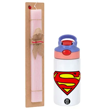 Superman vintage, Πασχαλινή Λαμπάδα με Παιδικό παγούρι θερμό, ανοξείδωτο, με καλαμάκι ασφαλείας, ροζ/μωβ (350ml) & κερί αρωματικό πλακέ (30cm) (ΡΟΖ)
