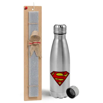 Superman vintage, Easter Set, metallic Inox water bottle (750ml) & aromatic flat Easter candle (30cm) (GRAY)