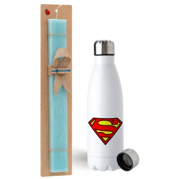 Superman vintage, Easter Set, metallic stainless steel water bottle (750ml) & aromatic flat Easter candle (30cm) (TURQUOISE)