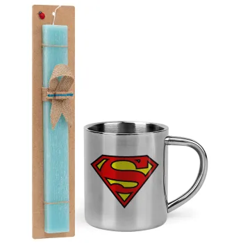 Superman vintage, Easter Set, metallic thermal cup (300ml) & aromatic flat Easter candle (30cm) (TURQUOISE)