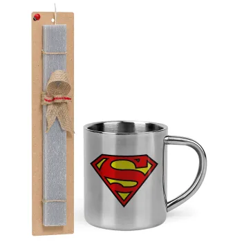 Superman vintage, Πασχαλινή Λαμπάδα με μεταλλική κούπα θερμό (300ml) & κερί αρωματικό πλακέ (30cm) (ΓΚΡΙ)