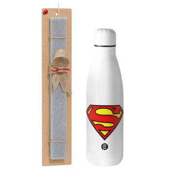 Superman vintage, Πασχαλινή Λαμπάδα με μεταλλικό παγούρι θερμός ανοξείδωτο (500ml) & κερί αρωματικό πλακέ (30cm) (ΓΚΡΙ)