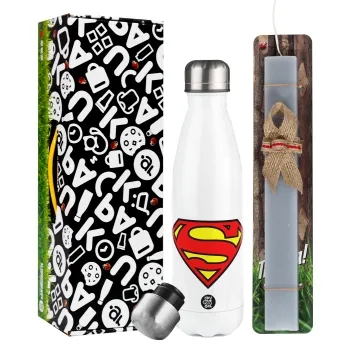 Superman vintage, Easter candle, metallic white thermos bottle (500ml) & aromatic flat candle (30cm) (GRAY)