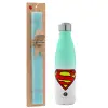Easter Set, Metallic green/white thermos (Stainless steel), double-walled, 500ml & scented flat Easter candle (30cm) (TURQUOISE)
