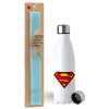 Easter Set, metallic stainless steel water bottle (750ml) & aromatic flat Easter candle (30cm) (TURQUOISE)