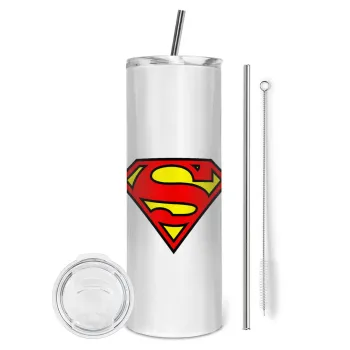 Superman vintage, Tumbler ποτήρι θερμό από ανοξείδωτο ατσάλι 600ml, με μεταλλικό καλαμάκι & βούρτσα καθαρισμού