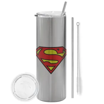 Superman vintage, Tumbler ποτήρι θερμό Ασημένιο από ανοξείδωτο ατσάλι 600ml, με μεταλλικό καλαμάκι & βούρτσα καθαρισμού