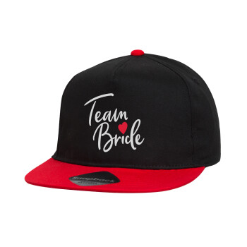 Team Bride red heart, Καπέλο παιδικό Flat Snapback, Μαύρο/Κόκκινο (100% ΒΑΜΒΑΚΕΡΟ, ΠΑΙΔΙΚΟ, UNISEX, ONE SIZE)