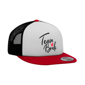 Team Bride red heart, Καπέλο Ενηλίκων Foam Flat Snapback με Δίχτυ Κόκκινο-Λευκό-Μαύρο (POLYESTER, ΕΝΗΛΙΚΩΝ, UNISEX, ONE SIZE)