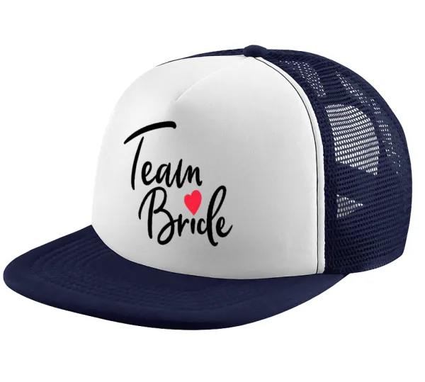 Team Bride red heart — Adult Soft Trucker Hat with Dark Blue/White Mesh (POLYESTER, ADULT, UNISEX, ONE SIZE)