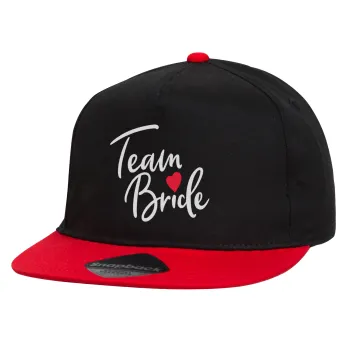 Team Bride red heart, Καπέλο παιδικό Flat Snapback, Μαύρο/Κόκκινο (100% ΒΑΜΒΑΚΕΡΟ, ΠΑΙΔΙΚΟ, UNISEX, ONE SIZE)