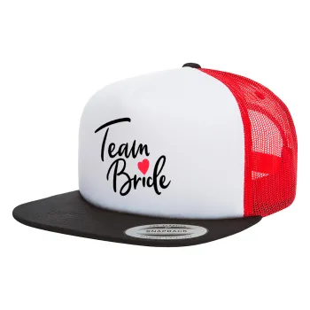 Team Bride red heart, Καπέλο Ενηλίκων Foam Flat Snapback με Δίχτυ Μαύρο-Λευκό-Κόκκινο (POLYESTER, ΕΝΗΛΙΚΩΝ, UNISEX, ONE SIZE)