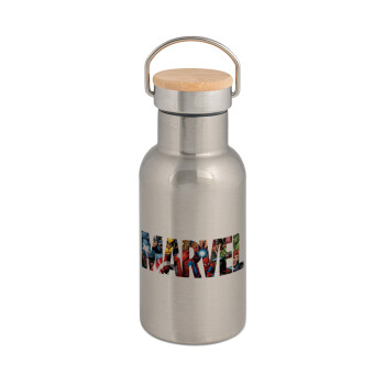 MARVEL characters, Stainless steel metallic thermos flask, silver with a bamboo lid, double-walled, 350ml.