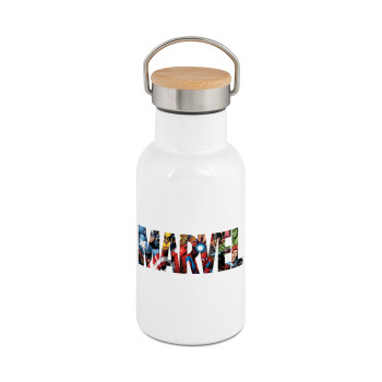 MARVEL characters, Μεταλλικό παγούρι θερμός (Stainless steel) Λευκό με ξύλινο καπακι (bamboo), διπλού τοιχώματος, 350ml