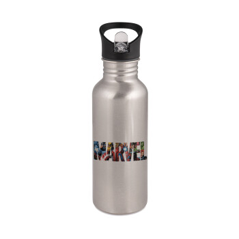 MARVEL characters, Water bottle Silver with straw, stainless steel 600ml