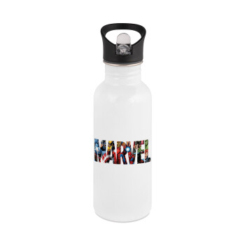MARVEL characters, White water bottle with straw, stainless steel 600ml