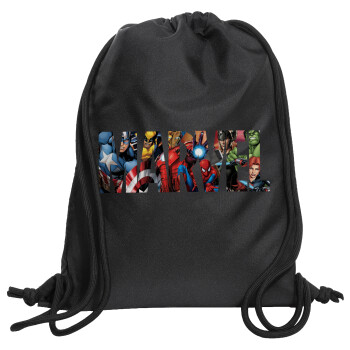 MARVEL characters, Τσάντα πλάτης πουγκί GYMBAG Μαύρη, με τσέπη (40x48cm) & χονδρά κορδόνια