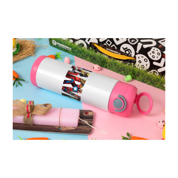 MARVEL characters, Πασχαλινή Λαμπάδα με Παιδικό παγούρι θερμό, ανοξείδωτο, με καλαμάκι ασφαλείας, ΡΟΖ (500ml)