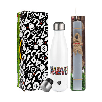 MARVEL characters, Easter candle, metallic white thermos bottle (500ml) & aromatic flat candle (30cm) (GRAY)