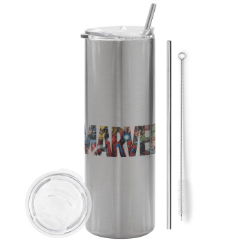 MARVEL characters, Eco friendly stainless steel Silver tumbler 600ml, with metal straw & cleaning brush