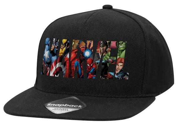 MARVEL characters — Adult Flat Snapback Hat Black, (100% COTTON TWILL, ADULT, UNISEX, ONE SIZE)