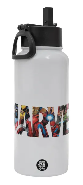 MARVEL characters — Μεταλλικό παγούρι θερμός Λευκό με καλαμάκι και χερούλι (Stainless steel), διπλού τοιχώματος, 950ml