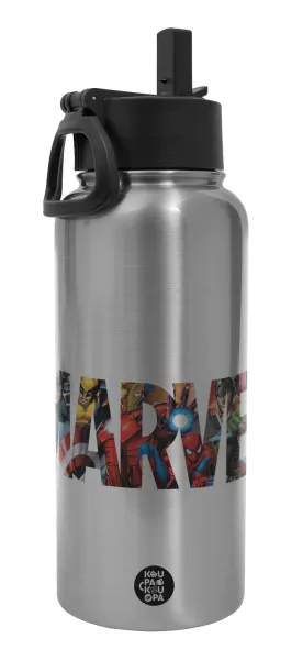 MARVEL characters — Μεταλλικό παγούρι θερμός Silver με καλαμάκι και χερούλι (Stainless steel), διπλού τοιχώματος, 950ml