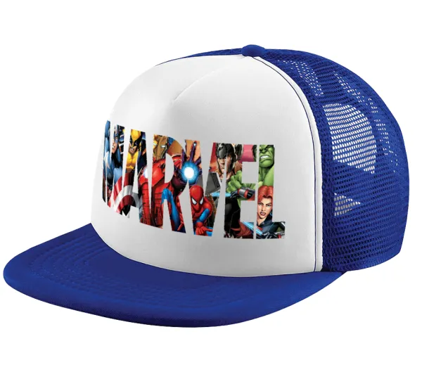 MARVEL characters — Adult Soft Trucker Hat with Blue/White Mesh (POLYESTER, ADULT, UNISEX, ONE SIZE)