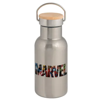 MARVEL characters, Stainless steel metallic thermos flask, silver with a bamboo lid, double-walled, 350ml.