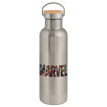 MARVEL characters, Stainless steel Silver with wooden lid (bamboo), double wall, 750ml