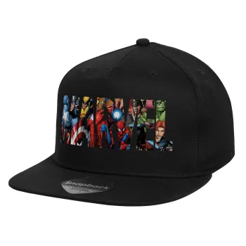 MARVEL characters, Children's Flat Snapback Hat, Black (100% COTTON, CHILD, UNISEX, ONE SIZE)