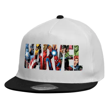 MARVEL characters, Child's Flat Snapback Hat, White (100% COTTON, CHILDREN'S, UNISEX, ONE SIZE)