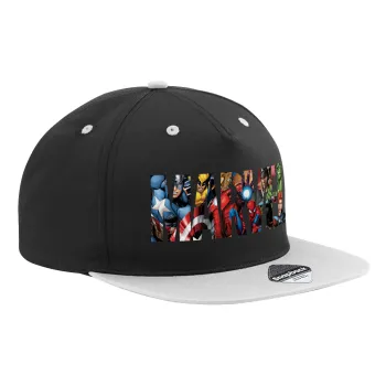 MARVEL characters, Adult Flat Snapback Hat Black/Grey, (100% COTTON TWILL, ADULT, UNISEX, ONE SIZE)