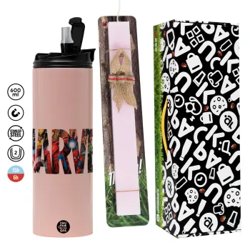 MARVEL characters, Πασχαλινή Λαμπάδα με  ΡΟΖ Travel Tumbler θερμό (600ml, BPA free) & κερί αρωματικό πλακέ (30cm) (ΡΟΖ)