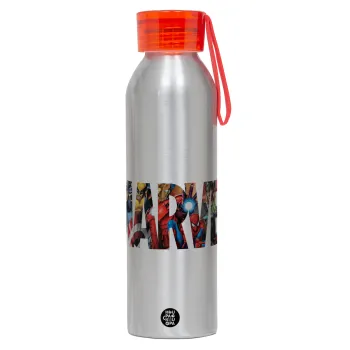 MARVEL characters, Αλουμινένιο Αθλητικό Μπουκάλι 650ml – Ασημί με Κόκκινο Καπάκι και Λουράκι Σιλικόνης